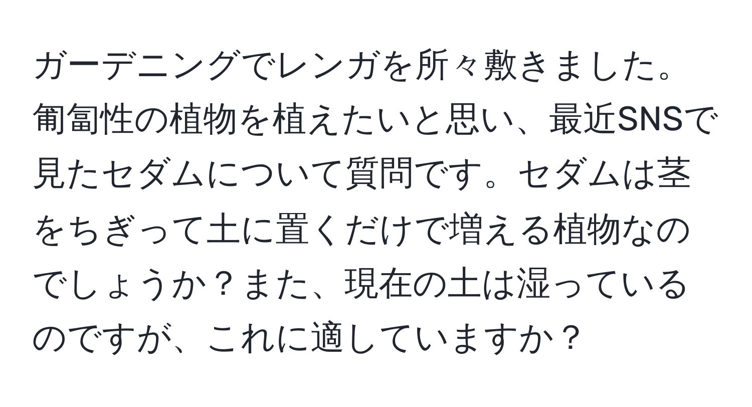 ガーデニングでレンガを所々敷きました。匍匐性の植物を植えたいと思い、最近SNSで見たセダムについて質問です。セダムは茎をちぎって土に置くだけで増える植物なのでしょうか？また、現在の土は湿っているのですが、これに適していますか？