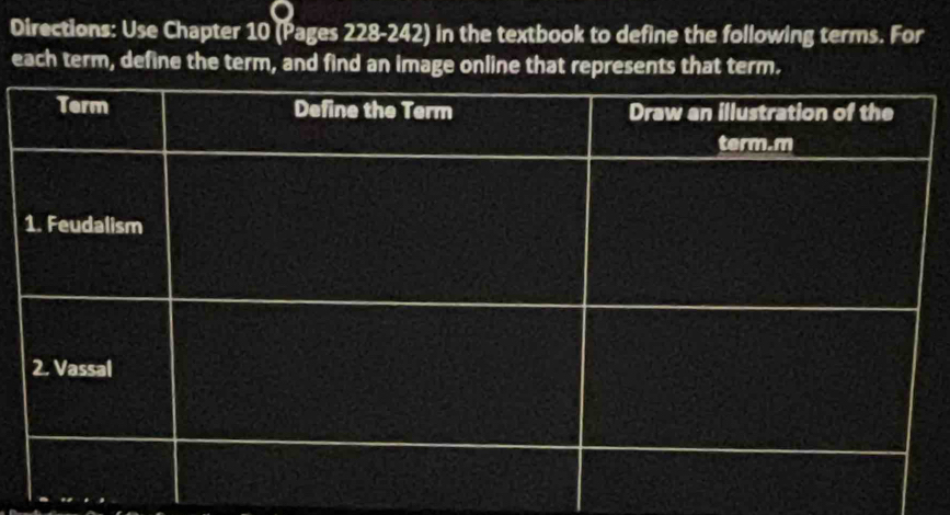 Directions: Use Chapter 10 (Pages 228-242) in the textbook to define the following terms. For 
each term, define the term, and find an image online that represents that term.