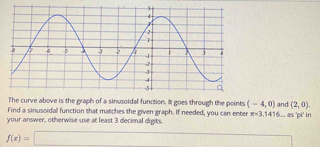 The curve above is the graph of a sinusoidal function. It goes through the points (-4,0) and (2,0). 
Find a sinusoidal function that matches the given graph. If needed, you can enter π =3.1416... as 'pi' in 
your answer, otherwise use at least 3 decimal digits.
f(x)=□