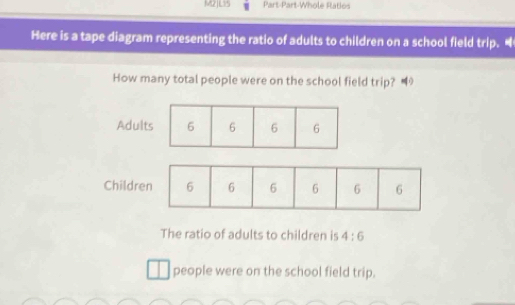 M2|L15 Part-Part-Whole Rlatios 
Here is a tape diagram representing the ratio of adults to children on a school field trip. “ 
How many total people were on the school field trip? 4
Adults 6 6 6 6
The ratio of adults to children is 4:6
people were on the school field trip.