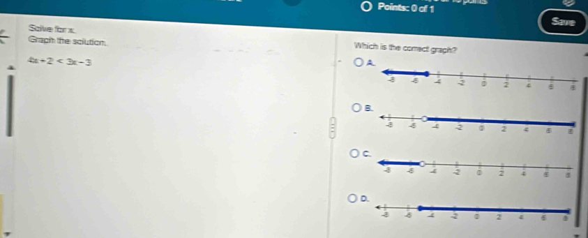 Save 
Saive for x Which is the comect graph? 
Gragh the sclution.
4x+2<3x-3</tex>