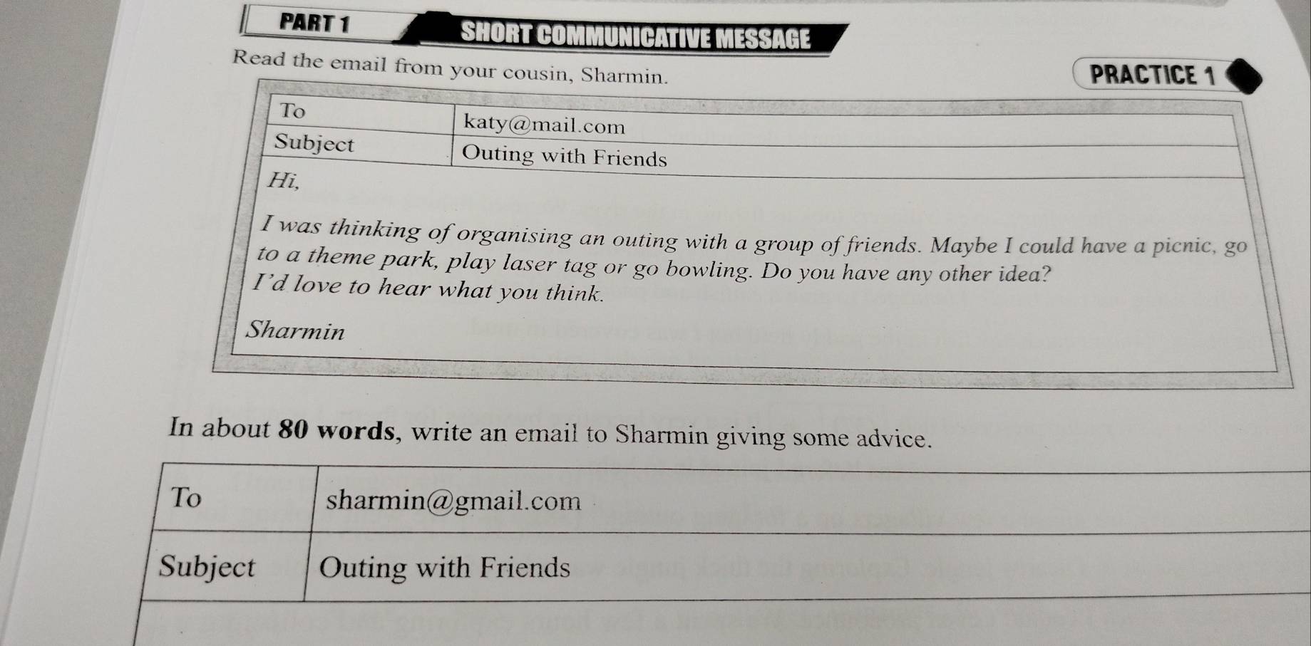 SHORT COMMUNICATIVE MESSAGE 
Read the email from 
In about 80 words, write an email to Sharmin giving some advice. 
To sharmin@gmail.com 
Subject Outing with Friends