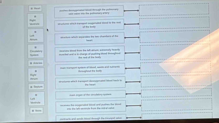 Heart 
pushes deoxygenated blood through the pulmonary 
vein valve into the pulmonary artery 
: 
Right 
Ventricle structures which transport oxygenated blood to the rest 
of the body 
=: 
Left 
Atrium structure which separates the two chambers of the 
heart 
= 
Circulatory receives blood from the left atrium; extremely heavily 
System muscled and is in charge of pushing blood throughout 
the rest of the body 
# Arteries 
main transport system of blood, waste and nutrients 
= 
Right throughout the body 
Atrium 
structures which transport deoxygenated blood back to 
# Septum the heart 
:: main organ of the circulatory system 
Left 
Ventricle 
receives the oxygenated blood and pushes the blood 
: Veins into the left ventricle from the mitral valve 
contracts and sends blood through the tricuspid valve