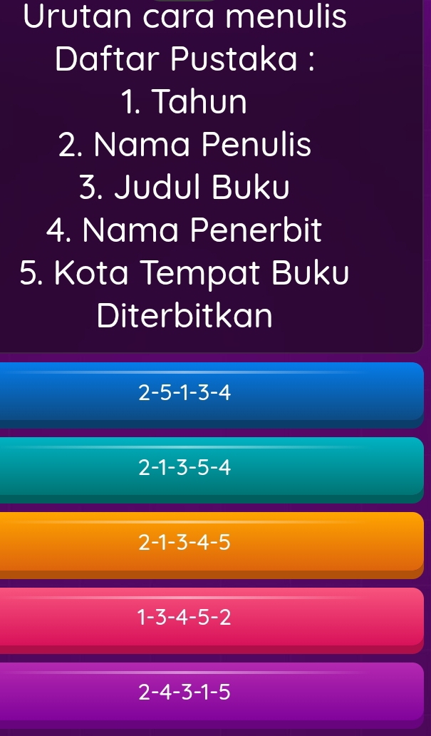 Urutan cara menulis
Daftar Pustaka :
1. Tahun
2. Nama Penulis
3. Judul Buku
4. Nama Penerbit
5. Kota Tempat Buku
Diterbitkan
2-5-1-3-4
2-1-3-5-4
2-1-3-4-5
1-3-4-5-2
2-4 -3 -1-5