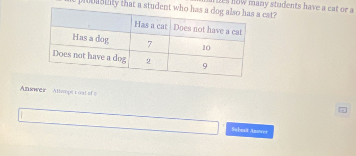 Des now many students have a cat or a 
plobability that a stu cat? 
Answer Attempt 1 out of 2 
Submit Answer