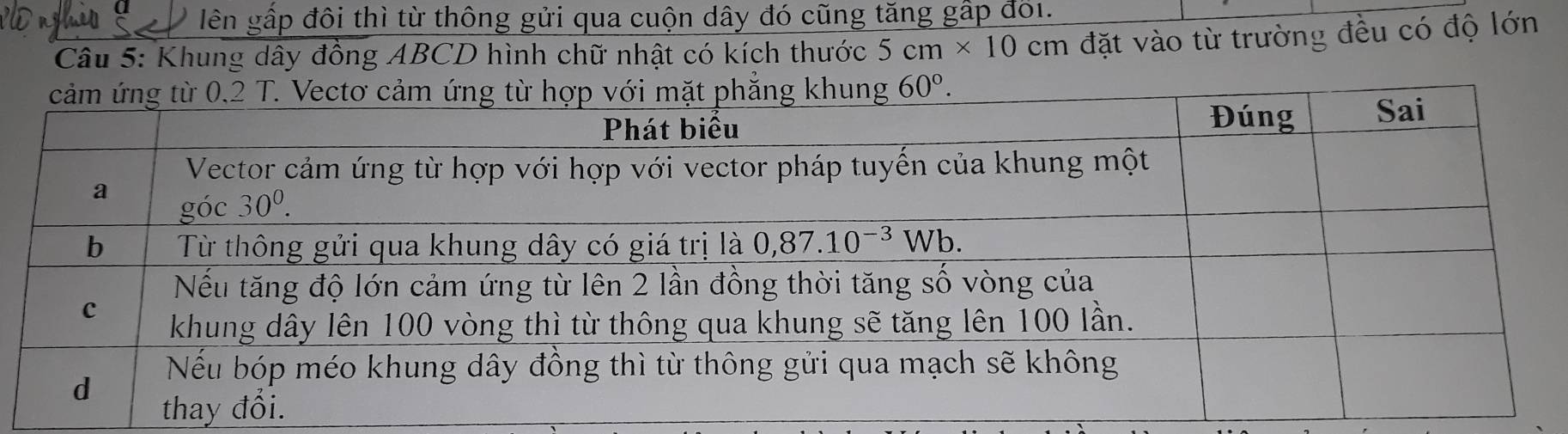 lên gấp đôi thì từ thông gửi qua cuộn dây đó cũng tăng gấp đối.
Câu 5: Khung dây đồng ABCD hình chữ nhật có kích thước 5cm* 10cm đặt vào từ trường đều có độ lớn