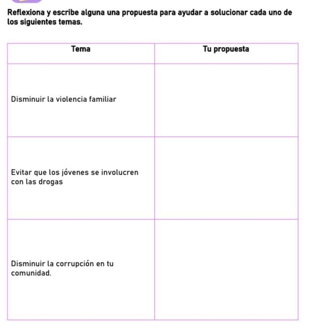 Reflexiona y escribe alguna una propuesta para ayudar a solucionar cada uno de 
los siguientes temas. 
D 
E 
c 
D 
c