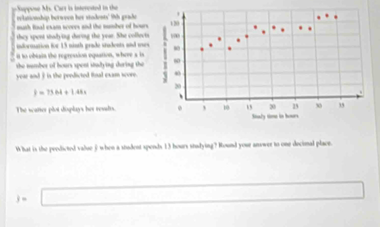 Suppose Ms. Carr is interested in the 
eelationship between her stodents' 9th grade 
math fnal exam scores and the number of hours
they spent stadying daring the year. She collect 
information for 15 ninth grade students and use 
it to obtain the regression equation, where s is 
the mumber of hours spent studying during the
year and θ is the predicted final exam score.
hat y=73.64+1.48x
The scatter plot displays her results. 
What is the predicted value £ when a student spends 13 bours studying? Round your answer to one decimal place.
j=□ □