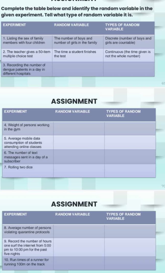 Complete the table below and identify the random variable in the
given experiment. Tell what type of random variable it is.
1
2
3
d
65
ASSIGNMENT
4
i
7
70
ASSIGNMENT