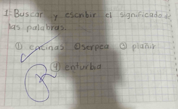 Buscar y escrbir el signiFicado de 
las palabras. 
① ecinas Oserpea ③ planin 
④ enturbia