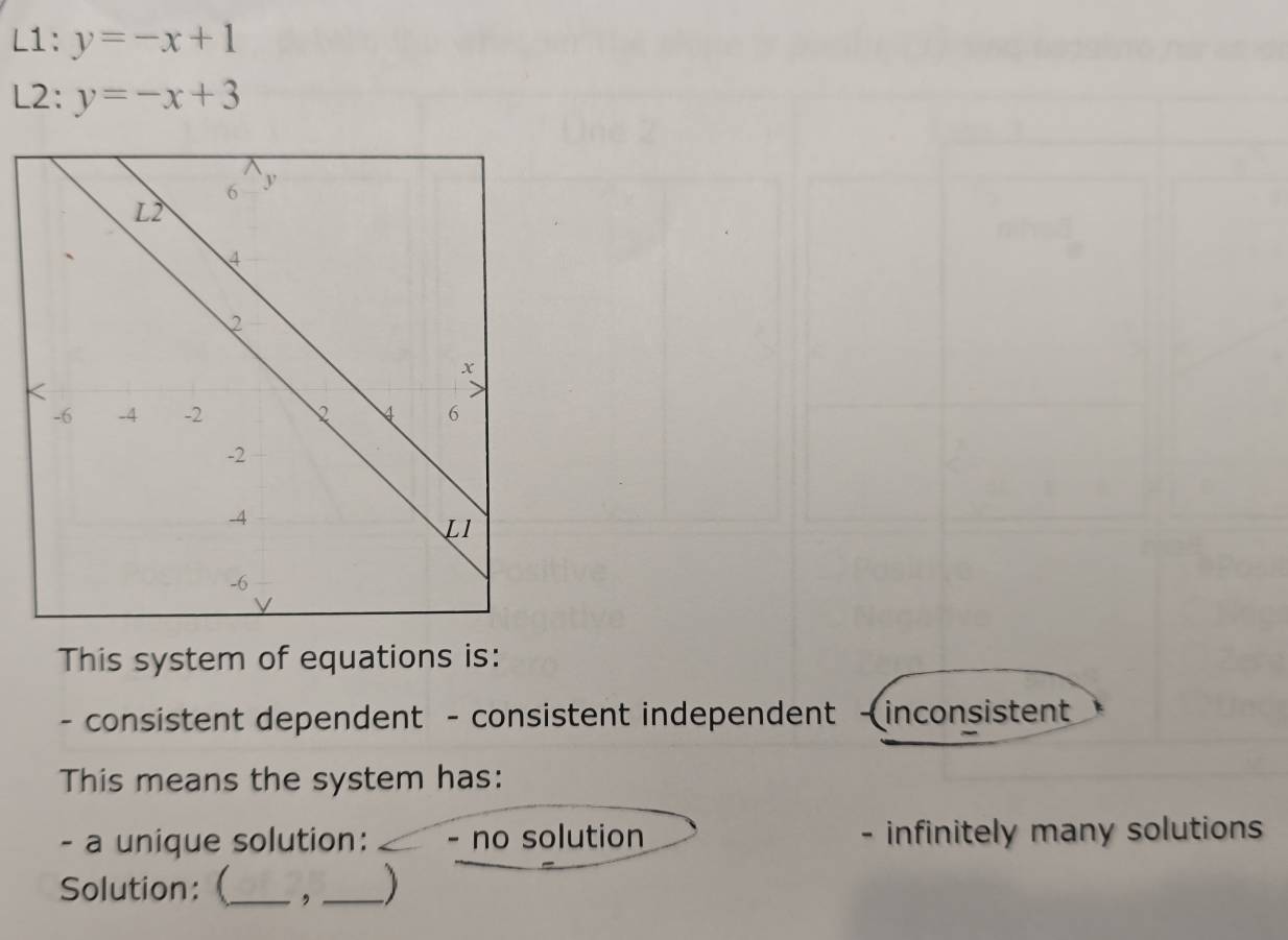 L1: y=-x+1
L2: y=-x+3
This system of equations is:
- consistent dependent - consistent independent -inconsistent
This means the system has:
- a unique solution: - no solution - infinitely many solutions
Solution: (_ , _)