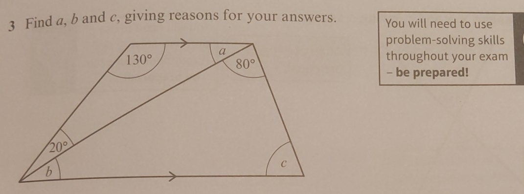 Find a, b and c, giving reasons for your answers. You will need to use
problem-solving skills
throughout your exam
- be prepared!