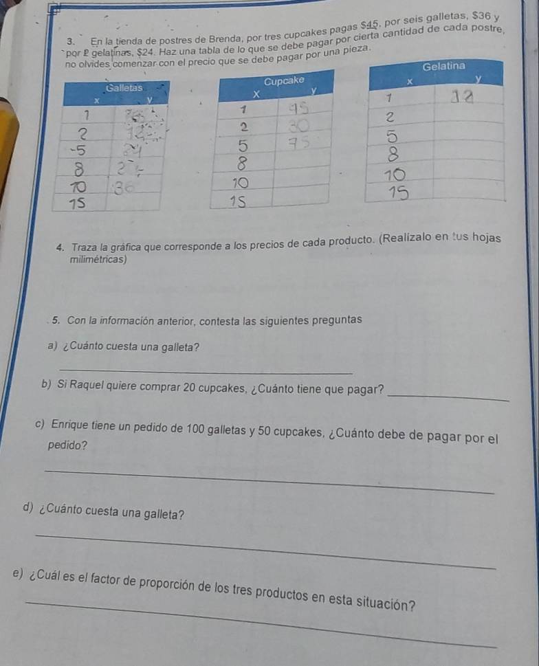 En la tienda de postres de Brenda, por tres cupcakes pagas $45, por seis galletas, $36 y 
por 2 gelatinas, $24. Haz una tabla de lo que se debe pagar por cierta cantidad de cada postre 
no olvides comenzar con el precio que se debe pagar por una pieza. 
4. Traza la gráfica que corresponde a los precios de cada producto. (Realízalo en tus hojas 
milimétricas) 
5. Con la información anterior, contesta las siguientes preguntas 
a) ¿Cuánto cuesta una galleta? 
_ 
_ 
b) Si Raquel quiere comprar 20 cupcakes, ¿Cuánto tiene que pagar? 
c) Enrique tiene un pedido de 100 galletas y 50 cupcakes, ¿Cuánto debe de pagar por el 
pedido? 
_ 
d)¿Cuánto cuesta una galleta? 
_ 
_ 
e) ¿Cuál es el factor de proporción de los tres productos en esta situación?