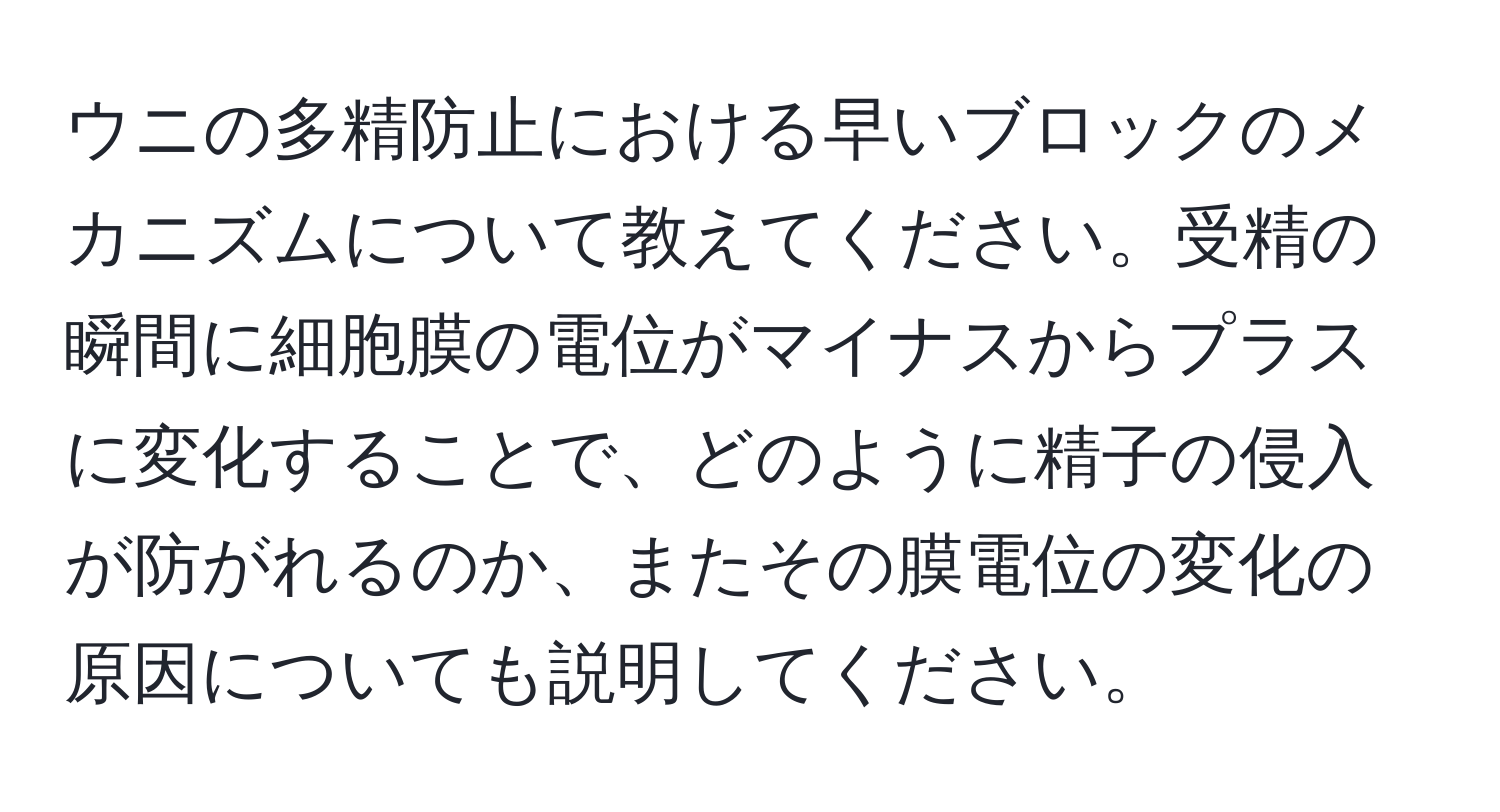 ウニの多精防止における早いブロックのメカニズムについて教えてください。受精の瞬間に細胞膜の電位がマイナスからプラスに変化することで、どのように精子の侵入が防がれるのか、またその膜電位の変化の原因についても説明してください。