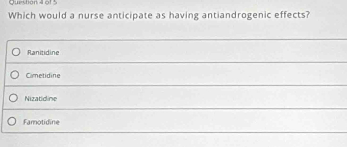 Which would a nurse anticipate as having antiandrogenic effects?
Ranitidine
Cimetidine
Nizatidine
Famotidine