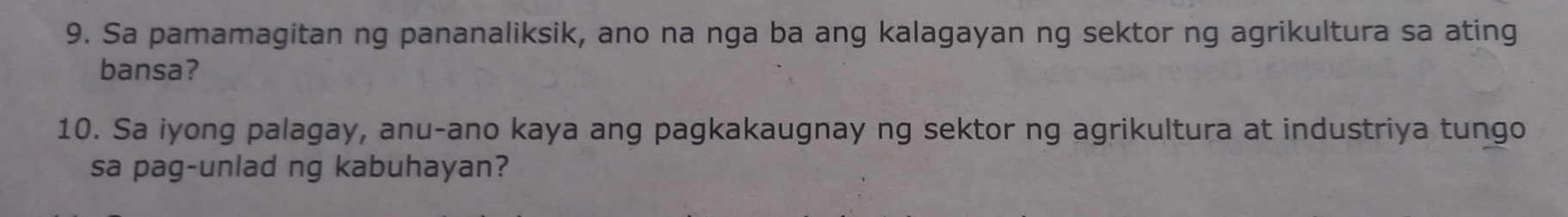 Sa pamamagitan ng pananaliksik, ano na nga ba ang kalagayan ng sektor ng agrikultura sa ating 
bansa? 
10. Sa iyong palagay, anu-ano kaya ang pagkakaugnay ng sektor ng agrikultura at industriya tungo 
sa pag-unlad ng kabuhayan?