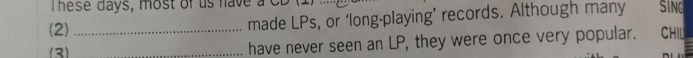These days, most of us have a SING 
(2)_ 
made LPs, or ‘long-playing’ records. Although many 
(3) 
_have never seen an LP, they were once very popular. CHIL