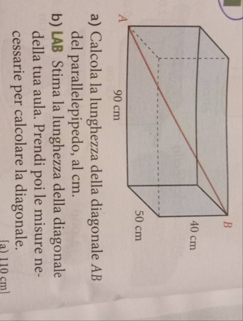 Calcola la lunghezza della diagonale AB
del parallelepipedo, al cm. 
b) LAB Stima la lunghezza della diagonale 
della tua aula. Prendi poi le misure ne- 
cessarie per calcolare la diagonale. 
[a) 110 cm]