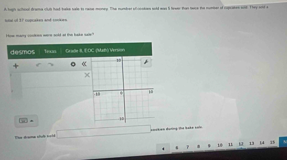 A high school drama club had bake sale to raise money. The number of cookies sold was 5 fewer than twice the number of cupcakes sold. They sold a 
total of 37 cupcakes and cookies. 
How many cookies were sold at the bake sale? 
desmos Texas Grade 8, EOC (Math) Version 
+ 
× 
The drama club sold cookies during the bake sale.
6 7 8 9 10 11 12 13 14 15 N
