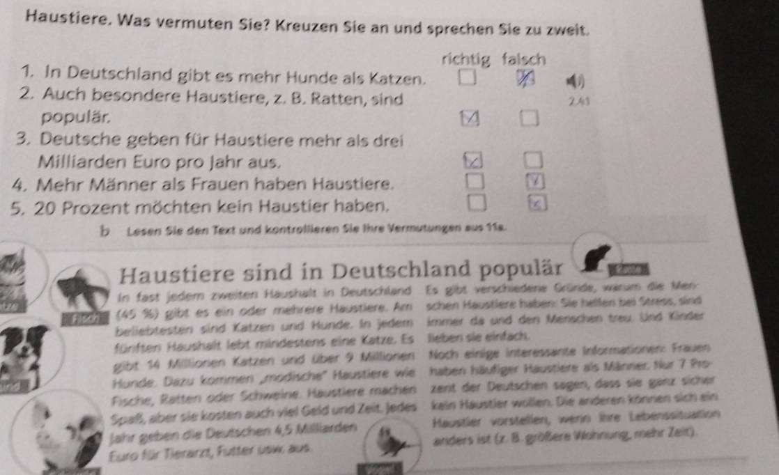 Haustiere. Was vermuten Sie? Kreuzen Sie an und sprechen Sie zu zweit. 
richtig falsch 
1. In Deutschland gibt es mehr Hunde als Katzen. 
2. Auch besondere Haustiere, z. B. Ratten, sind 243
populär. 
3. Deutsche geben für Haustiere mehr als drei 
Milliarden Euro pro Jahr aus. 
4. Mehr Männer als Frauen haben Haustiere. 
5. 20 Prozent möchten kein Haustier haben. 
b Lesen Sie den Text und kontrollieren Sie Ihre Vermutungen aus 11a. 
Haustiere sind in Deutschland populär 
In fast jedem zweiten Haushalt in Deutschland Es gibt verschiedene Gründe, warum die Men 
(45 %) gibt es ein oder mehrere Häustlere. Am schen Häustlere haben: Sie helfen bei Stress, sind 
beliebtesten sind Kätzen und Hünde. In jedem immer da und den Menschen treu. Und Kinder 
fünften Haushalt lebt mindestens eine Katze. Es lieben sie einfach. 
gibt 14 Millionen Katzen und über 9 Millionen Noch einige interessante Informationen: Frauen 
Hunde. Dazu kommen „modische'' Haustiere wie haben häufiger Häustiere als Männer. Nur 7 Pro 
Fische, Ratten oder Schweine. Häustlere mächen zent der Deutschen sagen, dass sie gärz sichen 
Spaß, aber sie kosten auch viel Geld und Zeit. Jedes kein Haustler wollen. Die anderen können sich ein 
Jahr geben die Deutschen 4, 5 Milliarden Haustler vorstellen, wern ihre Labenssituation 
Euro für Tierarzt, Futter usw aus. anders ist (x. B. größere Wohnung, mehr Zeit).