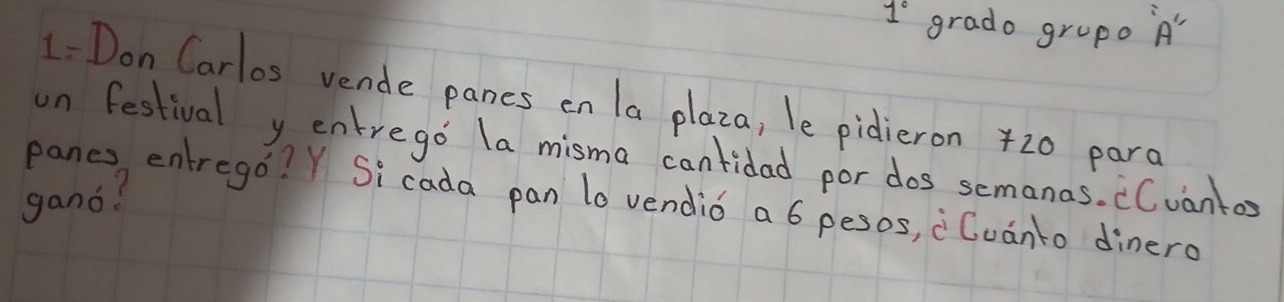 1° grado grupo A' 
1- Don Carlos vende panes en la plaza, le pidieron 20 para 
on festival y entrego la misma cantidad por dos semanas. (Cvantos 
gand? 
panes entrego? Y Sicada pan lo vendio a6 pesos, ¡ Cvanto dinero