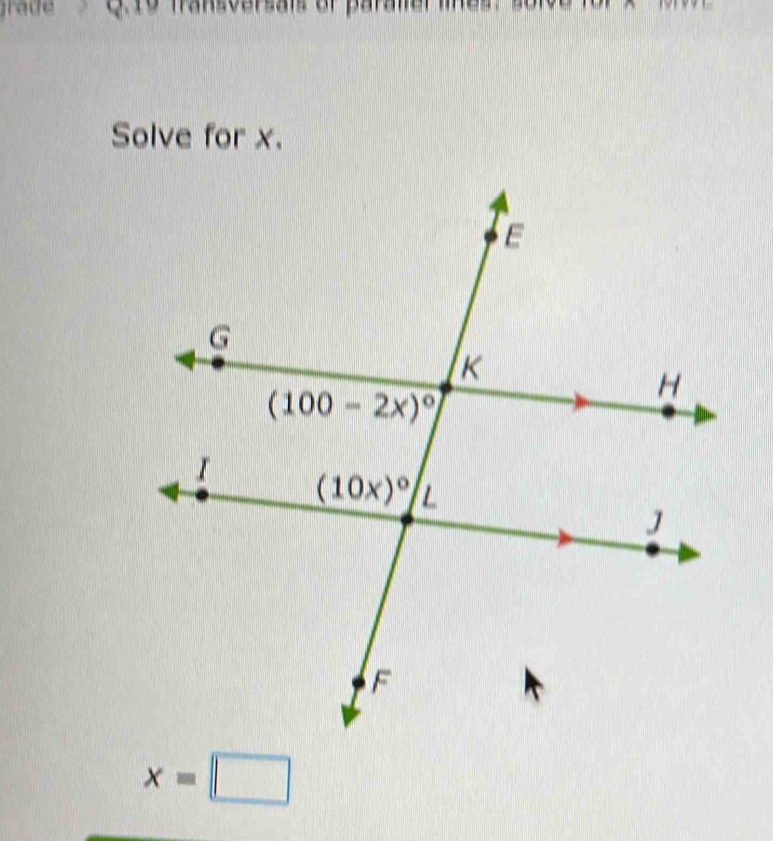 grade Qte fransversals of paramer mes. sore
Solve for x.
x=□