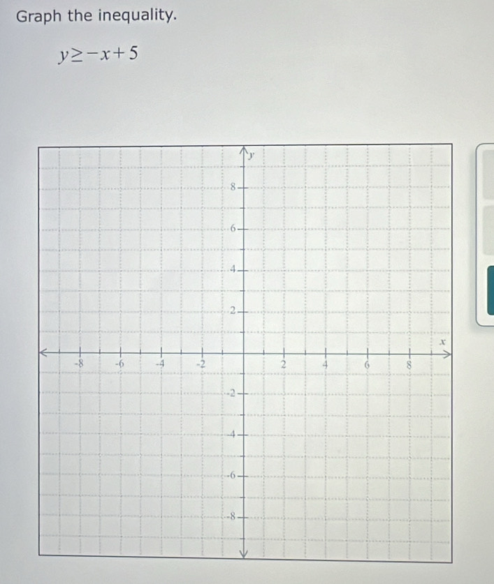 Graph the inequality.
y≥ -x+5