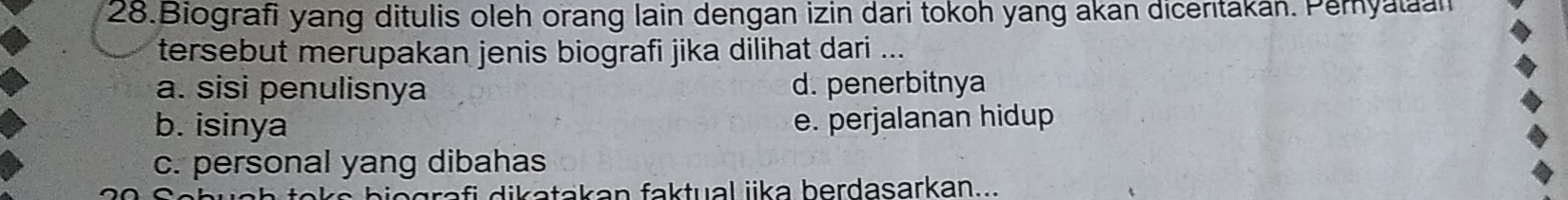 Biografi yang ditulis oleh orang lain dengan izin dari tokoh yang akan dicerıtakan. Pemyalaan
tersebut merupakan jenis biografi jika dilihat dari ...
a. sisi penulisnya d. penerbitnya
b. isinya e. perjalanan hidup
c. personal yang dibahas
jagrafi dikatakan faktual jika berdasarkanw