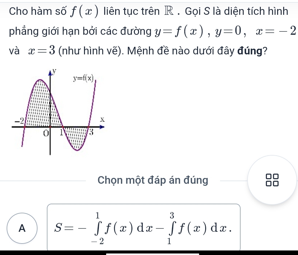 Cho hàm số f(x) liên tục trên R . Gọi S là diện tích hình
phẳng giới hạn bởi các đường y=f(x),y=0,x=-2
và x=3 (như hình vẽ). Mệnh đề nào dưới đây đúng?
Chọn một đáp án đúng
A S=-∈tlimits _(-2)^1f(x)dx-∈tlimits _1^3f(x)dx.