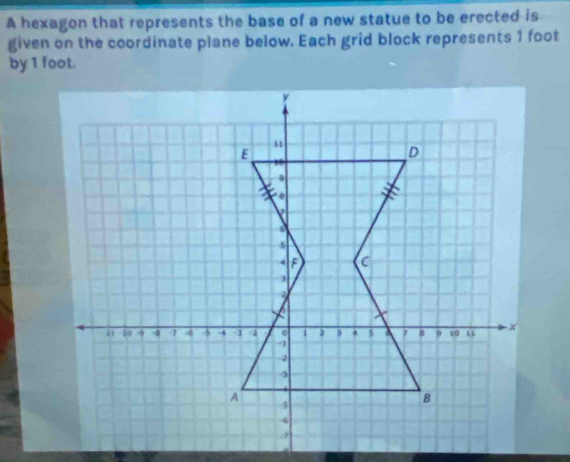 A hexagon that represents the base of a new statue to be erected is 
given on the coordinate plane below. Each grid block represents 1 foot
by 1 foot.
y
44
E t0 
D 
.
7
5
4 F C
3
-10 4 0 -7 -0 -5 -4 4 4 a 。 1 2 4 5 a ? B 9 10 x
-1
-2
4
A 4
8