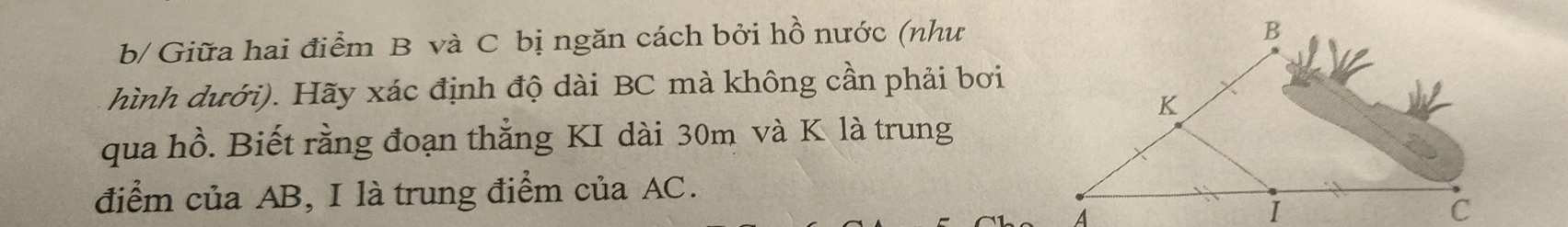 b/ Giữa hai điểm B và C bị ngăn cách bởi hồ nước (như 
hình dưới). Hãy xác định độ dài BC mà không cần phải bơi 
qua hồ. Biết rằng đoạn thẳng KI dài 30m và K là trung 
điểm của AB, I là trung điểm của AC.