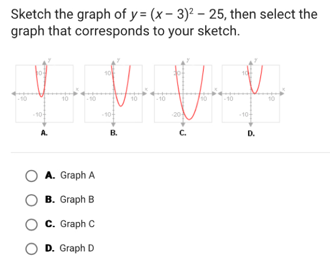 Sketch the graph of y=(x-3)^2-25 , then select the
graph that corresponds to your sketch.
A.
B.
C.
D.
A. Graph A
B. Graph B
C. Graph C
D. Graph D