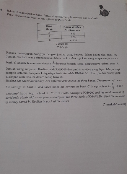 Jadual 10 menunjukkan kadar faedah simpanan yang ditawarkan oleh tiga bark. 
Table 10 shows the interest rate offered by three banks 
Table 10
Rosliza menyimpan wangnya dengan jumlah yang berbeza dalam ketiga-tiga bank itu. 
Jumlah dua kali wang simpanannya dalam bank A dan tiga kali wang simpanannya dalam 
bank C adalah bersamaan dengan  1/2  daripada jumlah wang simpanannya dalam bank B. 
Jumlah wang simpanan Rosliza ialah RM9200 dan jumlah dividen yang diperolehnya bagi 
tempoh setahun daripada ketiga-tiga bank itu ialah RM448.50. Cari jumlah wang yang 
disimpan oleh Rosliza dalam setiap bank itu 
Rosliza has saved her money with different amounts in the three banks. The amount of twice 
his savings in bank A and three times his savings in bank C is equivalent to  1/2  of the 
amountof his savings in bank B. Rosliza's total savings is RM9200 and the total amount of 
dividends obtained for one year period from the three bank is RM448.50. Find the amount 
of money saved by Rosliza in each of the banks. 
[7 markah/ morks]