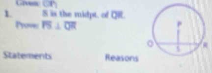 Given CP
1. S is the midpt, of QR. 
Proves overline PS⊥ overline QR
Statements Reasons