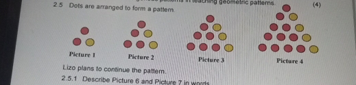 2. 5 Dots are arranged to form a patter. s in teaching geometric pattems (4) 
Picture 1 Picture 2 Picture 3 Picture 4
Lizo plans to continue the patter. 
2.5.1 Describe Picture 6 and Picture 7 in words