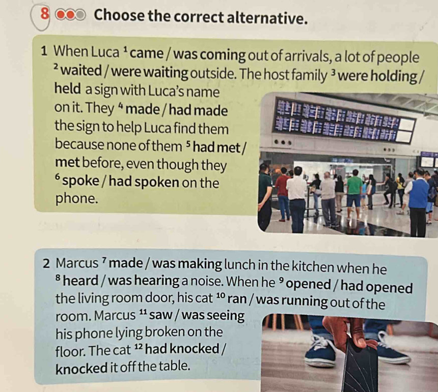 Choose the correct alternative. 
1 When Luca ¹ came / was coming out of arrivals, a lot of people 
² waited / were waiting outside. The host family ³ were holding / 
held a sign with Luca’s name 
on it. They “ made / had made 
the sign to help Luca find them 
because none of them ⁵ had met / 
met before, even though they 
* spoke / had spoken on the 
phone. 
2 Marcus ⁷ made / was making lunch in the kitchen when he 
§ heard / was hearing a noise. When he ³ opened / had opened 
the living room door, his cat^(10) ran / was running out of the 
room. Marcus 11 saw / was seeing 
his phone lying broken on the 
floor. The cat^(12) had knocked / 
knocked it off the table.