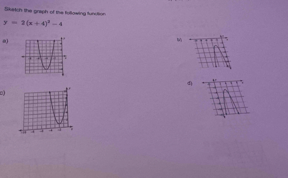 Sketch the graph of the following function
y=2(x+4)^2-4
a) 
b) 
d) 4
c)