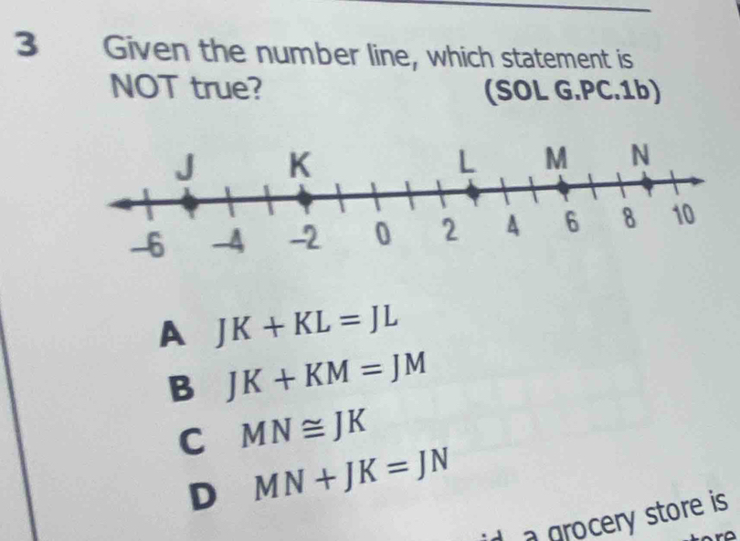 Given the number line, which statement is
NOT true? (SOL G.PC.1b)
A JK+KL=JL
B JK+KM=JM
C MN≌ JK
D MN+JK=JN
a grocery store is