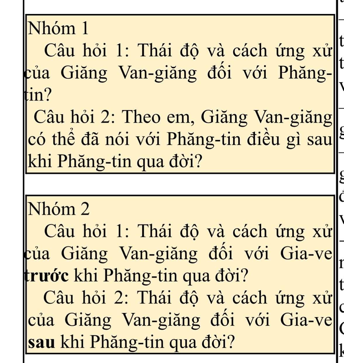 Nhóm 1 
Câu hỏi 1: Thái độ và cách ứng xử 
của Giăng Van-giăng đồi với Phăng- 
T 
tin? 
Câu hỏi 2: Theo em, Giăng Van-giăng 
có thể đã nói với Phăng-tin điều gì sau 
khi Phăng-tin qua đời? 
I 
Nhóm 2 
Câu hỏi 1: Thái độ và cách ứng xử 
của Giăng Van-giăng đổi với Gia-ve 
trước khi Phăng-tin qua đời? 
Câu hỏi 2: Thái độ và cách ứng xử 
 
của Giăng Van-giăng đồi với Gia-ve a 
sau khi Phăng-tin qua đời?