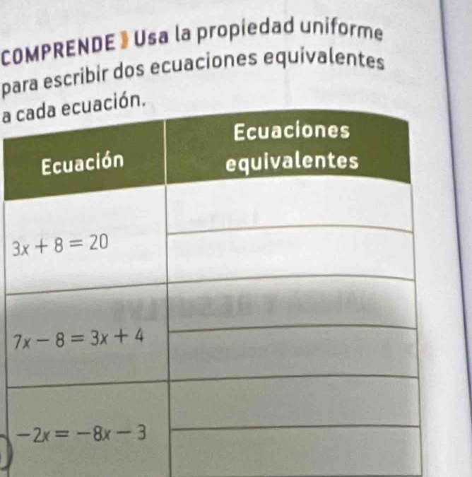 COMPRENDE 》 Usa la propiedad uniforme
para escribir dos ecuaciones equivalentes
a