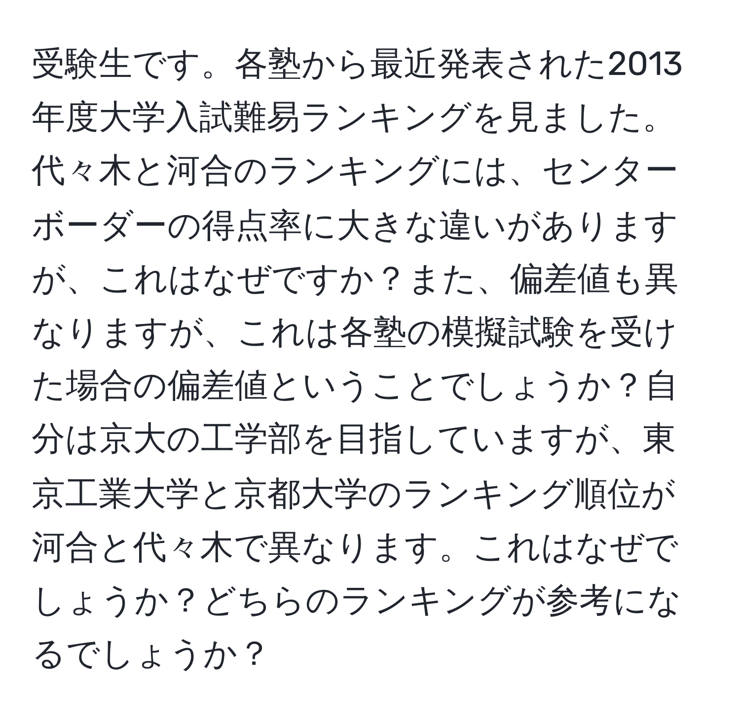 受験生です。各塾から最近発表された2013年度大学入試難易ランキングを見ました。代々木と河合のランキングには、センターボーダーの得点率に大きな違いがありますが、これはなぜですか？また、偏差値も異なりますが、これは各塾の模擬試験を受けた場合の偏差値ということでしょうか？自分は京大の工学部を目指していますが、東京工業大学と京都大学のランキング順位が河合と代々木で異なります。これはなぜでしょうか？どちらのランキングが参考になるでしょうか？