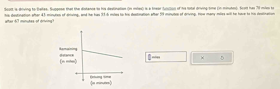 Scott is driving to Dallas. Suppose that the distance to his destination (in miles) is a linear function of his total driving time (in minutes). Scott has 70 miles to 
his destination after 43 minutes of driving, and he has 55.6 miles to his destination after 59 minutes of driving. How many miles will he have to his destination 
after 67 minutes of driving?
miles × 5