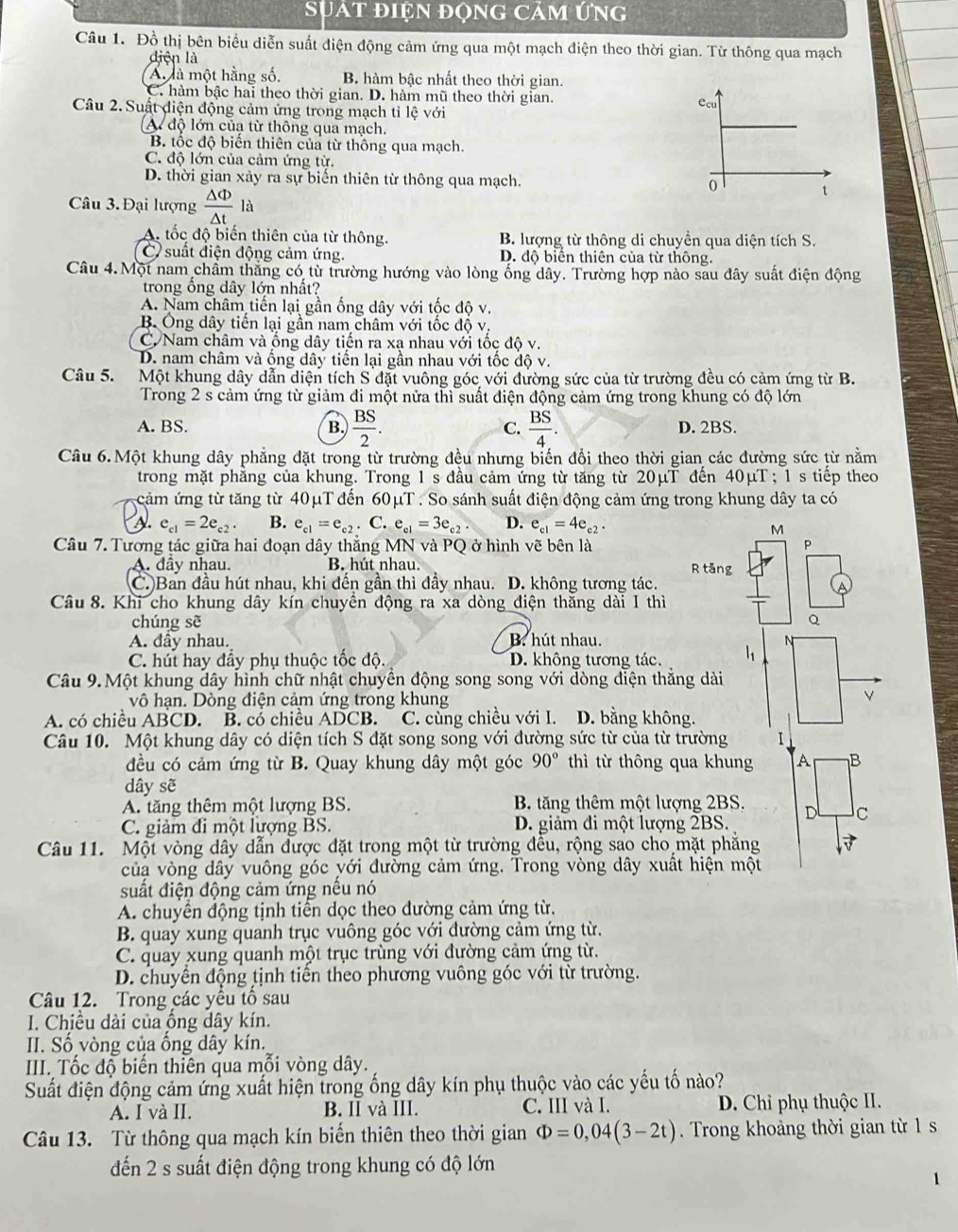 suất điện động Cảm Ứng
Câu 1. Đồ thị bên biểu diễn suất điện động cảm ứng qua một mạch điện theo thời gian. Từ thông qua mạch
diện là
A là một hằng số. B hàm bậc nhất theo thời gian.
C. hàm bậc hai theo thời gian. D. hàm mũ theo thời gian. ecu
Câu 2. Suất điện động cảm ứng trong mạch tỉ lệ với
A độ lớn củạ từ thông qua mạch.
B. tốc độ biến thiên của từ thông qua mạch.
C. độ lớn của cảm ứng từ.
D. thời gian xảy ra sự biển thiên từ thông qua mạch. 0
t
Câu 3. Đại lượng  △ Phi /△ t  là
A. tốc độ biến thiên của từ thông. B. lượng từ thông di chuyền qua diện tích S.
C suất điện động cảm ứng. D. độ biển thiên của từ thông.
Câu 4.Một nam chẩm thắng có từ trường hướng vào lòng ống dây. Trường hợp nào sau đây suất điện động
trong ồng dây lớn nhất?
A. Nam châm tiền lại gần ống dây với tốc độ v.
B. Ông dây tiến lại gần nam châm với tốc độ v
C Nam châm và ổng dây tiến ra xạ nhau với tốc độ v.
D. nam châm và ống dây tiến lại gần nhau với tốc độ v.
Câu 5. Một khung dây dẫn diện tích S đặt vuông góc với đường sức của từ trường đều có cảm ứng từ B.
Trong 2 s cảm ứng từ giảm đi một nửa thì suất điện động cảm ứng trong khung có độ lớn
A. BS. B.  BS/2 . C.  BS/4 . D. 2BS.
Câu 6.Một khung dây phẳng đặt trong từ trường đều nhưng biến đổi theo thời gian các đường sức từ nằm
trong mặt phăng của khung. Trong 1 s đầu cảm ứng từ tăng từ 20µT đến 40µT ; 1 s tiếp theo
cảm ứng từ tăng từ 40μT đến 60μT . So sánh suất điện động cảm ứng trong khung dây ta có
e_c1=2e_c2. B. e_c1=e_c2. C. e_c1=3e_c2 D. e_c1=4e_c2.
M
Câu 7. Tương tác giữa hai đoạn dây thẳng MN và PQ ở hình vẽ bên là P
A. đây nhau. B. hút nhau. R tăng
C.)Ban đầu hút nhau, khi đến gần thì đầy nhau. D. không tương tác.
Câu 8. Khi cho khung dây kín chuyển động ra xa dòng điện thăng dài I thì
chúng sẽ Q
A. đầy nhau. B. hút nhau.
C. hút hay đầy phụ thuộc tốc độ. D. không tương tác.
Câu 9. Một khung dây hình chữ nhật chuyền động song song với dòng điện thẳng dài
vô hạn. Dòng điện cảm ứng trong khung
A. có chiều ABCD. B. có chiều ADCB.  C. cùng chiều với I. D. bằng không.
Câu 10. Một khung dây có diện tích S đặt song song với đường sức từ của từ trường 1
đều có cảm ứng từ B. Quay khung dây một góc 90° thì từ thông qua khung A B
dây sẽ
A. tăng thêm một lượng BS. B. tăng thêm một lượng 2BS. D c
C. giảm đi một lượng BS. D. giảm đi một lượng 2BS.
Câu 11. Một vòng dây dẫn được đặt trong một từ trường đều, rộng sao cho mặt phẳng
củạ vòng dây vuông góc yới đường cảm ứng. Trong vòng dây xuất hiện một
suất điện động cảm ứng nếu nó
A. chuyển động tịnh tiển dọc theo dường cảm ứng từ.
B. quay xung quanh trục vuông góc với đường cảm ứng từ.
C. quay xung quanh một trục trùng với đường cảm ứng từ.
D. chuyển động tịnh tiến theo phương vuông góc với từ trường.
Câu 12. Trong các yểu tổ sau
I. Chiều dài của ồng dây kín.
II. Số vòng của ồng dây kín.
III. Tốc độ biến thiên qua mỗi vòng dây.
Suất điện động cảm ứng xuất hiện trong ống dây kín phụ thuộc vào các yếu tố nào?
A. I và II. B. II và III. C. III và I. D. Chỉ phụ thuộc II.
Câu 13. Từ thông qua mạch kín biến thiên theo thời gian Phi =0,04(3-2t). Trong khoảng thời gian từ 1 s
đến 2 s suất điện động trong khung có độ lớn