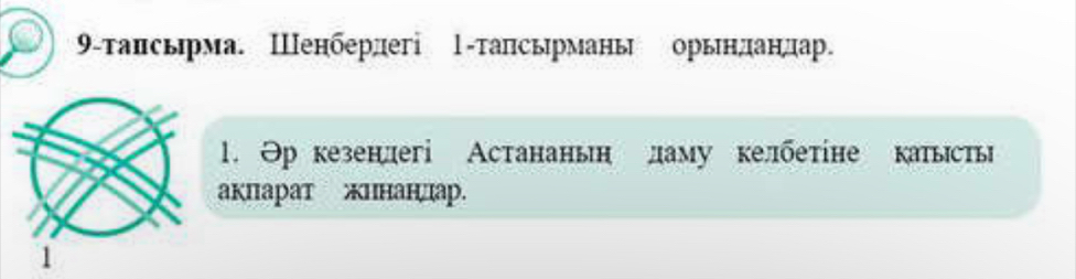 9-τансьрма. Шенбердегі Ι-тапсьрмань орьндандар. 
1. Θр кезенлегі Астананьη ламу келбетіне катысть 
акпарат жΗнандар.