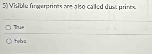 Visible fingerprints are also called dust prints.
True
False