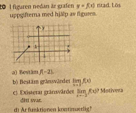 20 1 figuren nedan är grafen y=f(x) ritad. Lös 
uppgifterna med hjälp av figuren. 
a) Bestäm f(-2), 
b) Bestäm gränsvärdet limlimits _xto 3f(x)
c) Existerar gränsvärdet limlimits _xto -2f(x) ? Motivera 
ditt svar. 
d) Ar funktionen kontinuerlig?