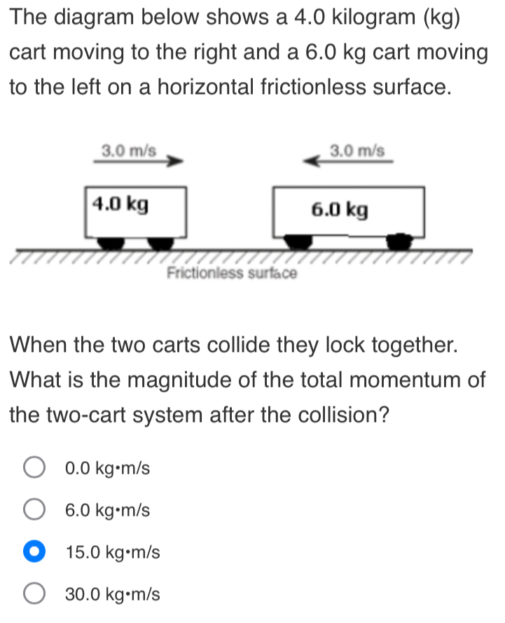 The diagram below shows a 4.0 kilogram (kg)
cart moving to the right and a 6.0 kg cart moving
to the left on a horizontal frictionless surface.
When the two carts collide they lock together.
What is the magnitude of the total momentum of
the two-cart system after the collision?
0.0 kg•m/s
6.0 kg•m/s
15.0 kg•m/s
30.0 kg•m/s