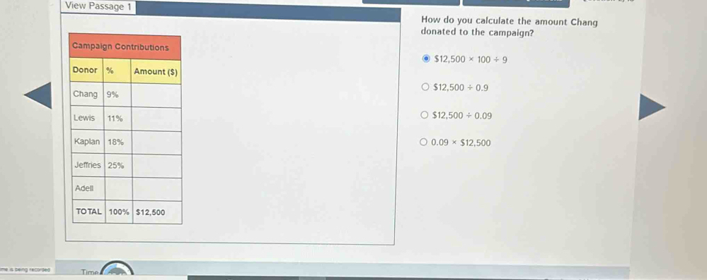 View Passage 1 How do you calculate the amount Chang
donated to the campaign?
$12,500* 100/ 9
$12,500/ 0.9
$12,500/ 0.09
0.09* $12,500
Time