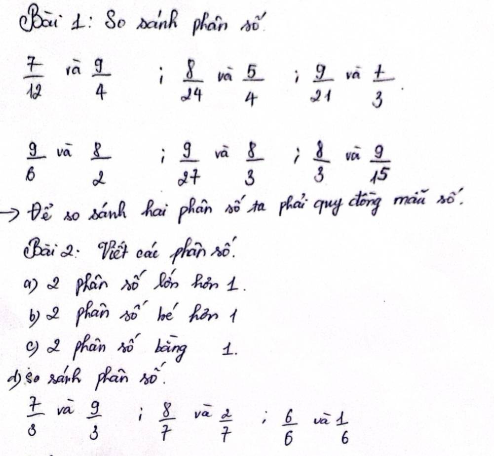 ODāi 1: So paink phan só
 7/12   g/4  1  8/24  và  5/4  i  9/21  và  t/3 .
 9/6  vá và  8/3  i  8/3  và  9/15 
 8/2 
 9/27 
Dè so banh hai phán só ta phai quy cóng màu só? 
(Dai 2: Tet cat phan só. 
() Phan xó Rón Ròn 1. 
b) 2 phan 80° be hon 1
( Q phain ¢ó bàng 1. 
dy go sanh phan sò.
 7/8   9/3  i  8/7  va  2/7  ,  6/6  và  1/6 