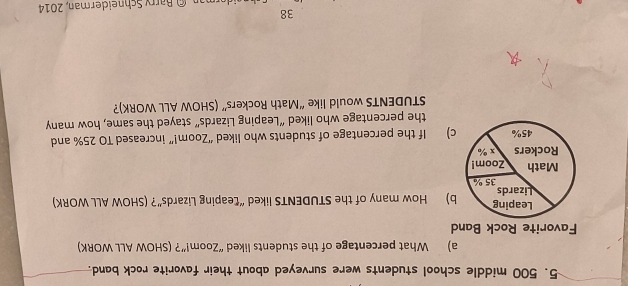 500 middle school students were surveyed about their favorite rock band. 
a) What percentage of the students liked “Zoom!”? (SHOW ALL WORK) 
Favorite Rock Band 
b) How many of the STUDENTS liked “Leaping Lizards”? (SHOW ALL WORK) 
c) If the percentage of students who liked “Zoom!” increased TO 25% and 
the percentage who liked “Leaping Lizards” stayed the same, how many 
STUDENTS would like “Math Rockers” (SHOW ALL WORK)? 
38 
© Barry Schneiderman, 2014